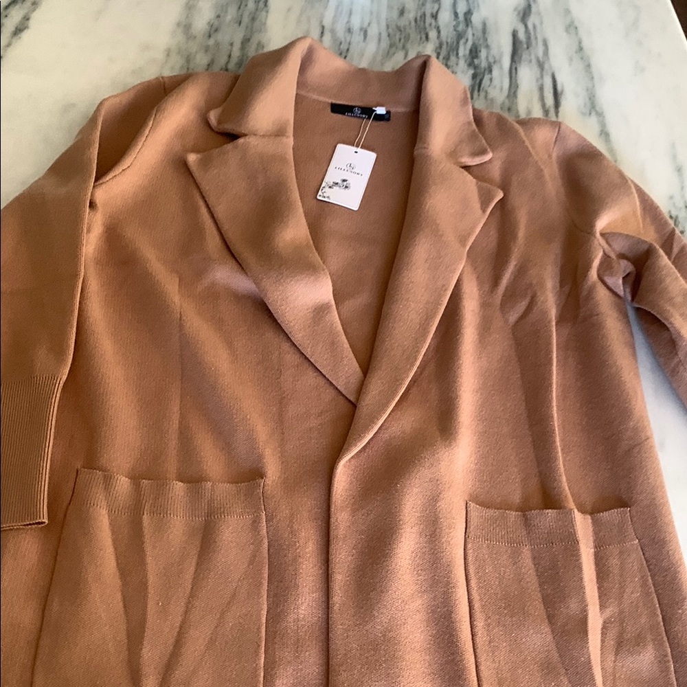 Tan long Blazer with Notched Lapels and Relaxed Silhouette